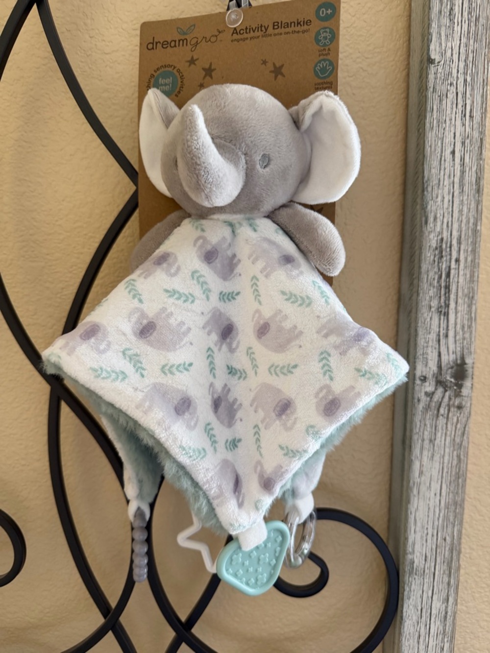 Dreamgro Gray Elephant Activity Bib-Style Comfort Blankie with Mint Teether